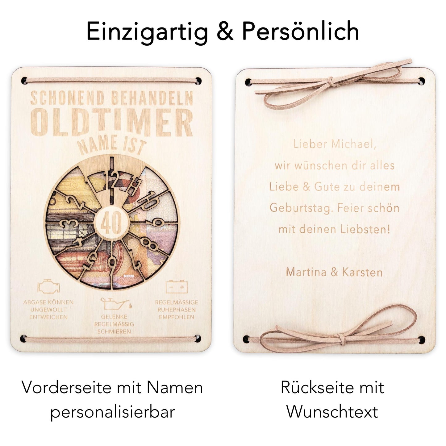 Oldtimer Geburtstagskarte 40. Geburtstag Schonend behandeln personalisiert Geldverpackung Geburtstagsgeschenk Geschenkkarte Holz 12x17 cm