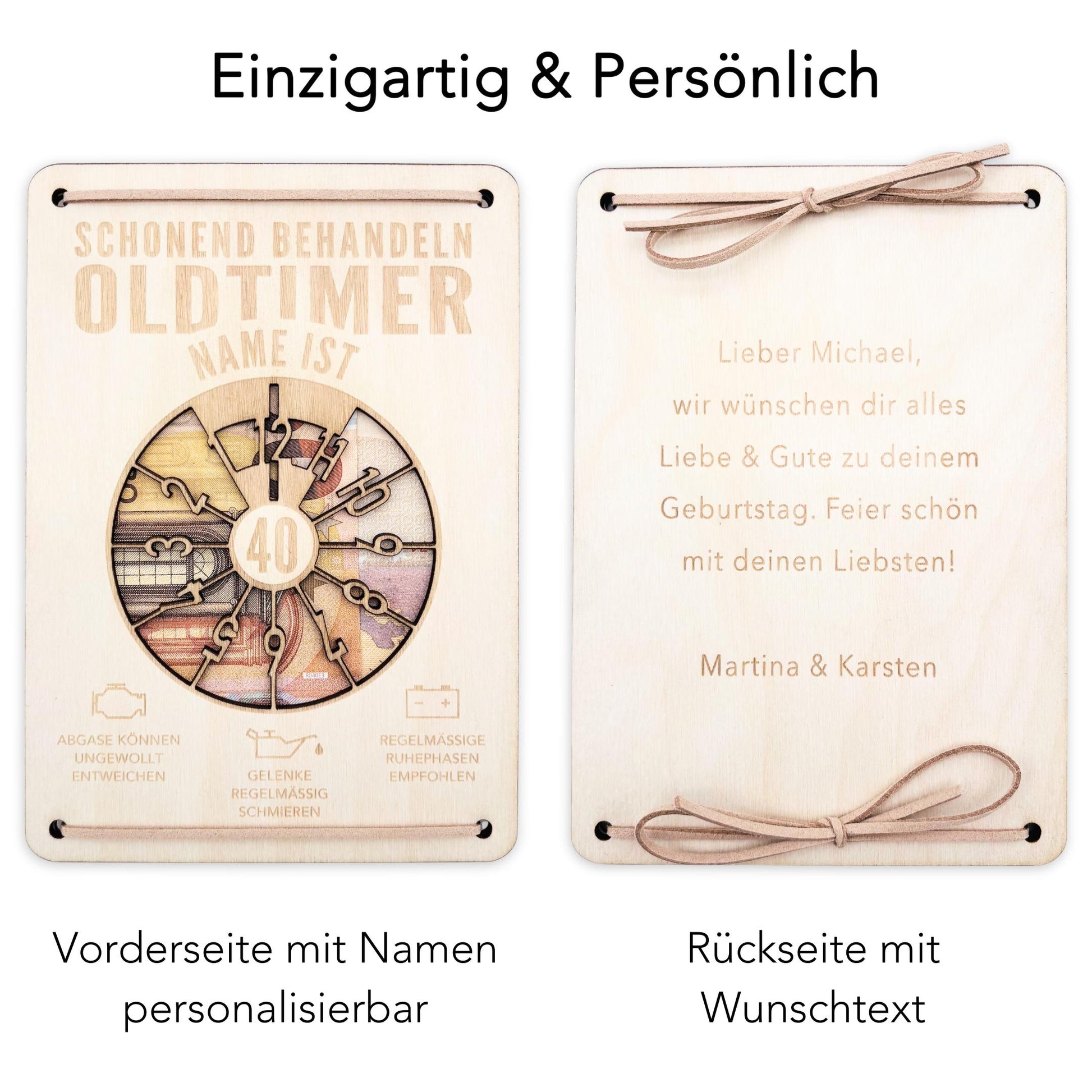 Oldtimer Geburtstagskarte 40. Geburtstag Schonend behandeln personalisiert Geldverpackung Geburtstagsgeschenk Geschenkkarte Holz 12x17 cm