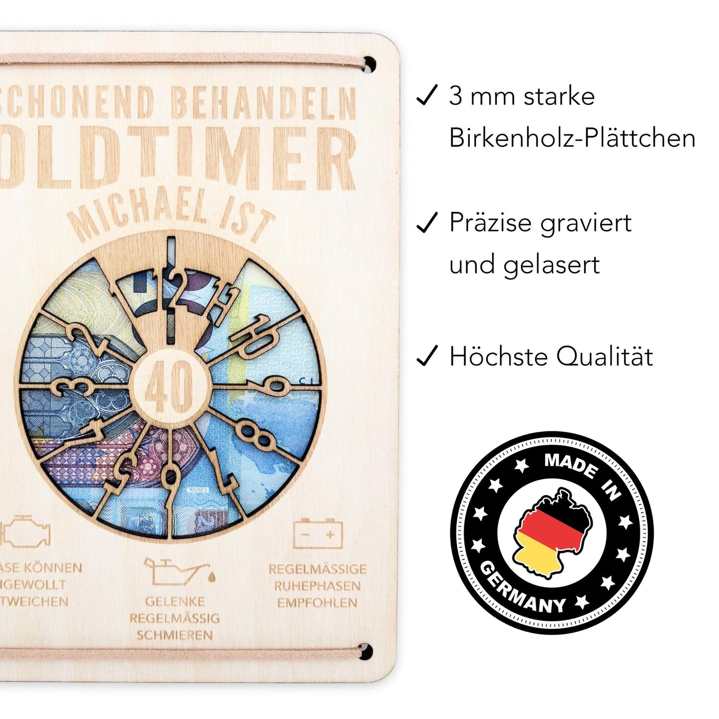 Oldtimer Geburtstagskarte 40. Geburtstag Schonend behandeln personalisiert Geldverpackung Geburtstagsgeschenk Geschenkkarte Holz 12x17 cm