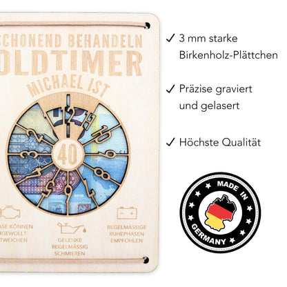 Oldtimer Geburtstagskarte 40. Geburtstag Schonend behandeln personalisiert Geldverpackung Geburtstagsgeschenk Geschenkkarte Holz 12x17 cm