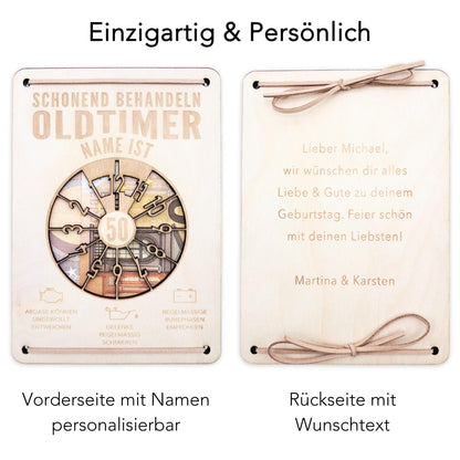 Oldtimer Geburtstagskarte 50. Geburtstag Schonend behandeln personalisiert Geldverpackung Geburtstagsgeschenk Geschenkkarte Holz 12x17 cm