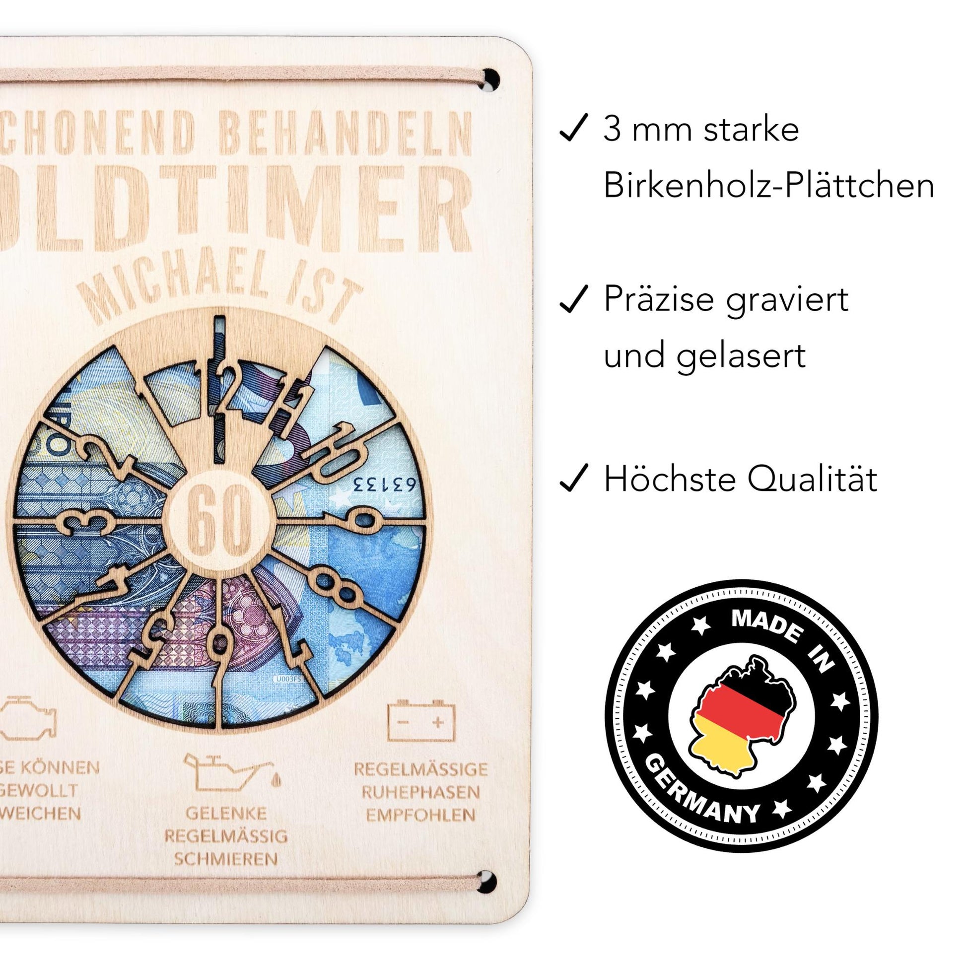 Oldtimer Geburtstagskarte 60. Geburtstag Schonend behandeln personalisiert Geldverpackung Geburtstagsgeschenk Geschenkkarte Holz 12x17 cm