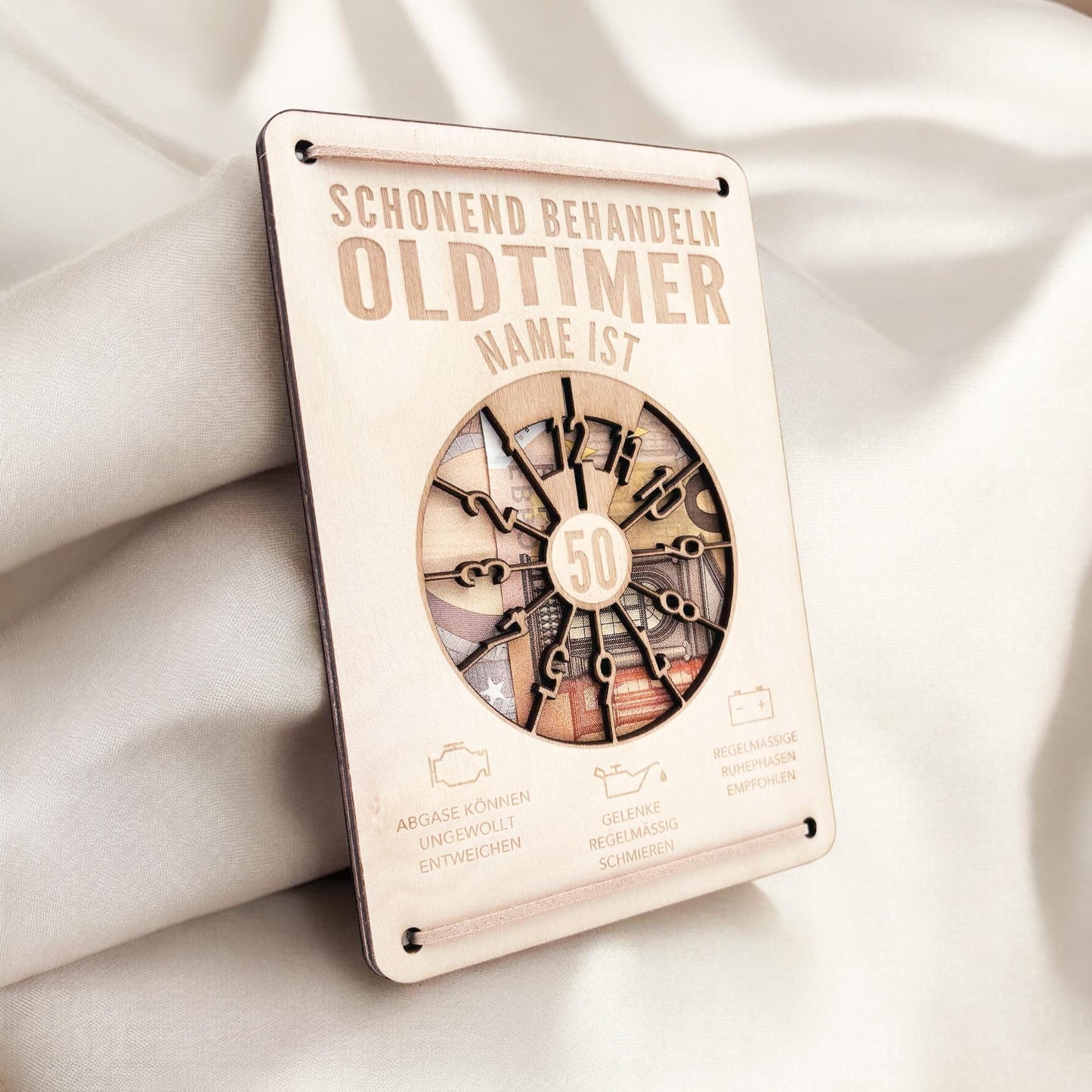 Oldtimer Geburtstagskarte 70. Geburtstag Schonend behandeln personalisiert Geldverpackung Geburtstagsgeschenk Geschenkkarte Holz 12x17 cm