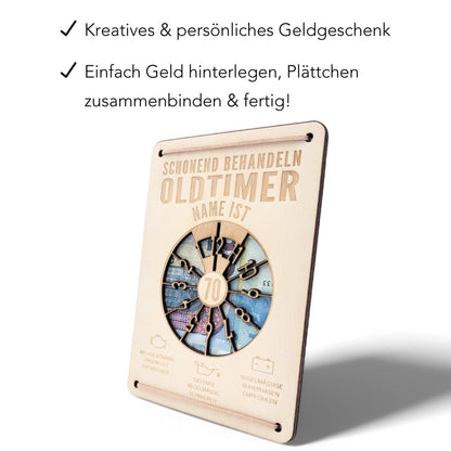 Oldtimer Geburtstagskarte 70. Geburtstag Schonend behandeln personalisiert Geldverpackung Geburtstagsgeschenk Geschenkkarte Holz 12x17 cm