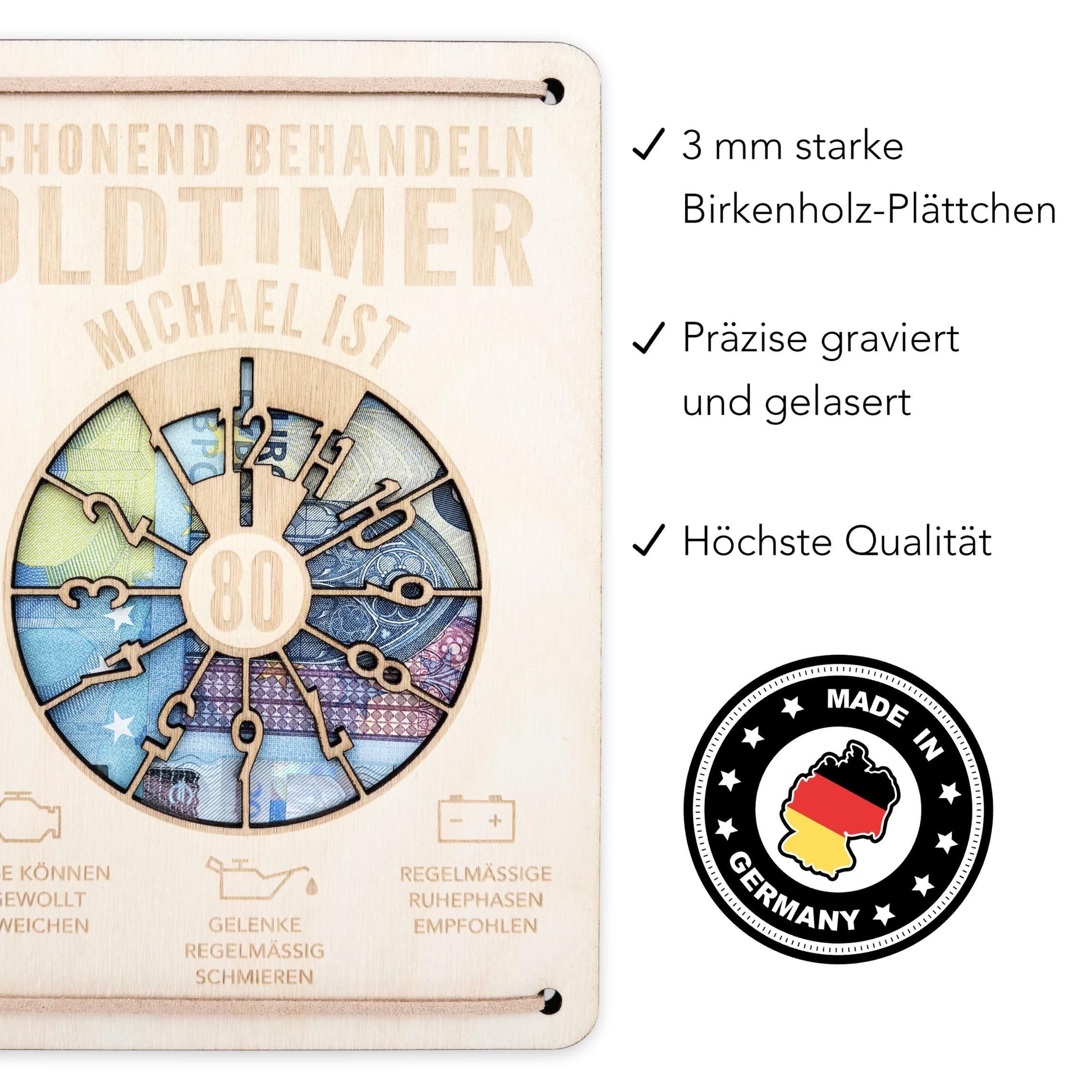 Oldtimer Geburtstagskarte 80. Geburtstag Schonend behandeln personalisiert Geldverpackung Geburtstagsgeschenk Geschenkkarte Holz 12x17 cm