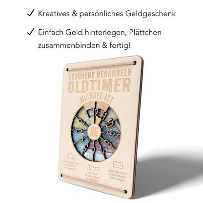 Oldtimer Geburtstagskarte 80. Geburtstag Schonend behandeln personalisiert Geldverpackung Geburtstagsgeschenk Geschenkkarte Holz 12x17 cm