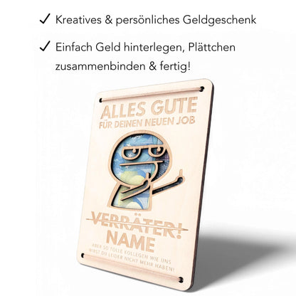 Abschiedsgeschenk Kollege personalisiertes Geschenk Kollegin Jobwechsel Verräter Geldgeschenk Verpackung Geschenkkarte aus Holz 12x17 cm