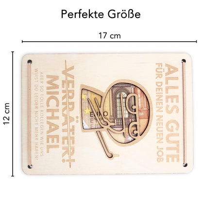 Abschiedsgeschenk Kollege personalisiertes Geschenk Kollegin Jobwechsel Verräter Geldgeschenk Verpackung Geschenkkarte aus Holz 12x17 cm