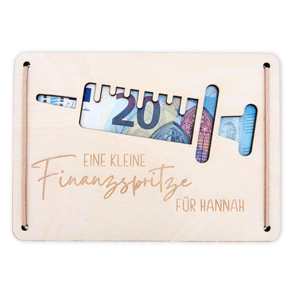 Finanzspritze Geldgeschenk personalisiert Wunscherfüller Geburtstag Jubiläum Geschenk Geld Geschenkverpackung Geschenkkarte Holz 12x17 cm