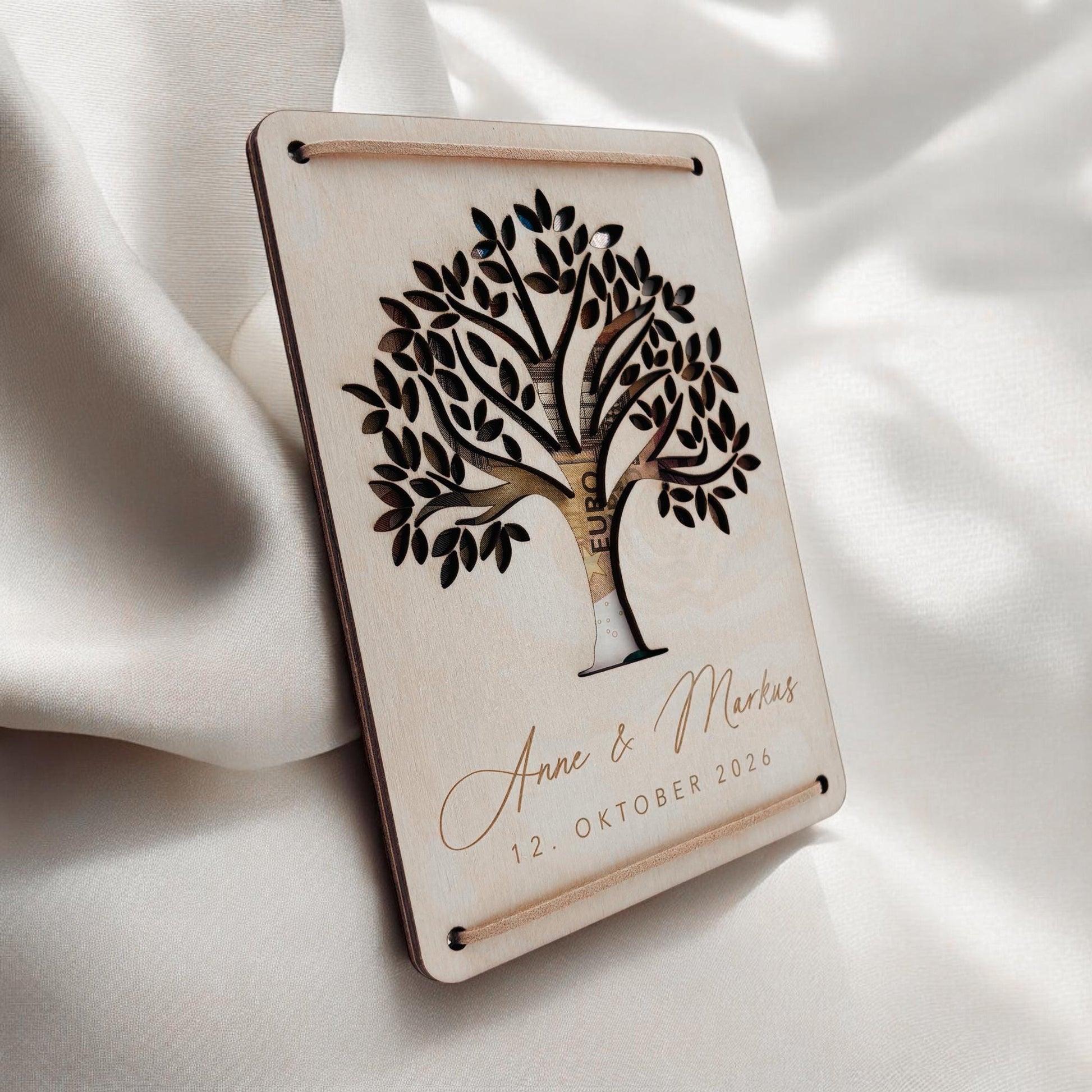 Geldbaum Hochzeit personalisiertes Geldgeschenk Hochzeit Hochzeitsgeschenk für Brautpaar Geld Geschenk Geschenkkarte aus Holz 12x17 cm
