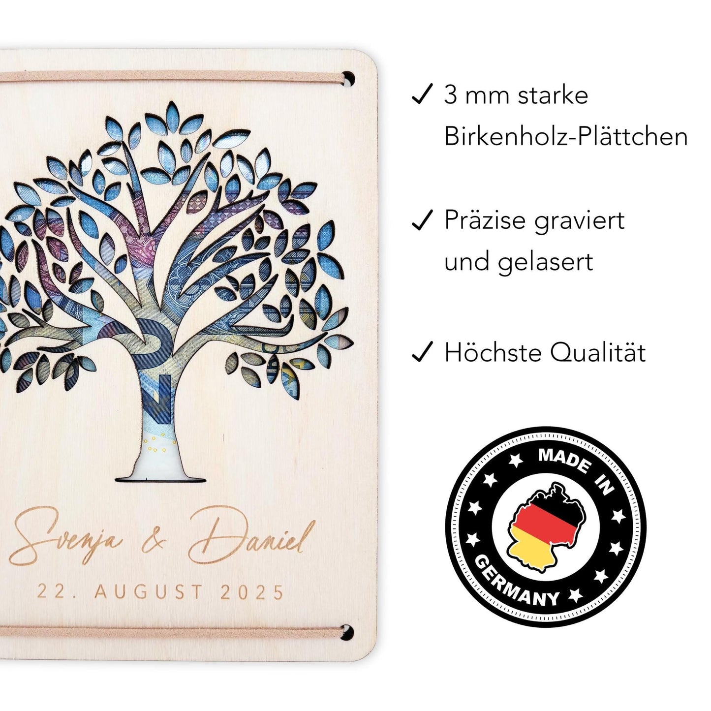 Geldbaum Hochzeit personalisiertes Geldgeschenk Hochzeit Hochzeitsgeschenk für Brautpaar Geld Geschenk Geschenkkarte aus Holz 12x17 cm