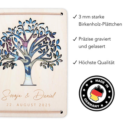 Geldbaum Hochzeit personalisiertes Geldgeschenk Hochzeit Hochzeitsgeschenk für Brautpaar Geld Geschenk Geschenkkarte aus Holz 12x17 cm