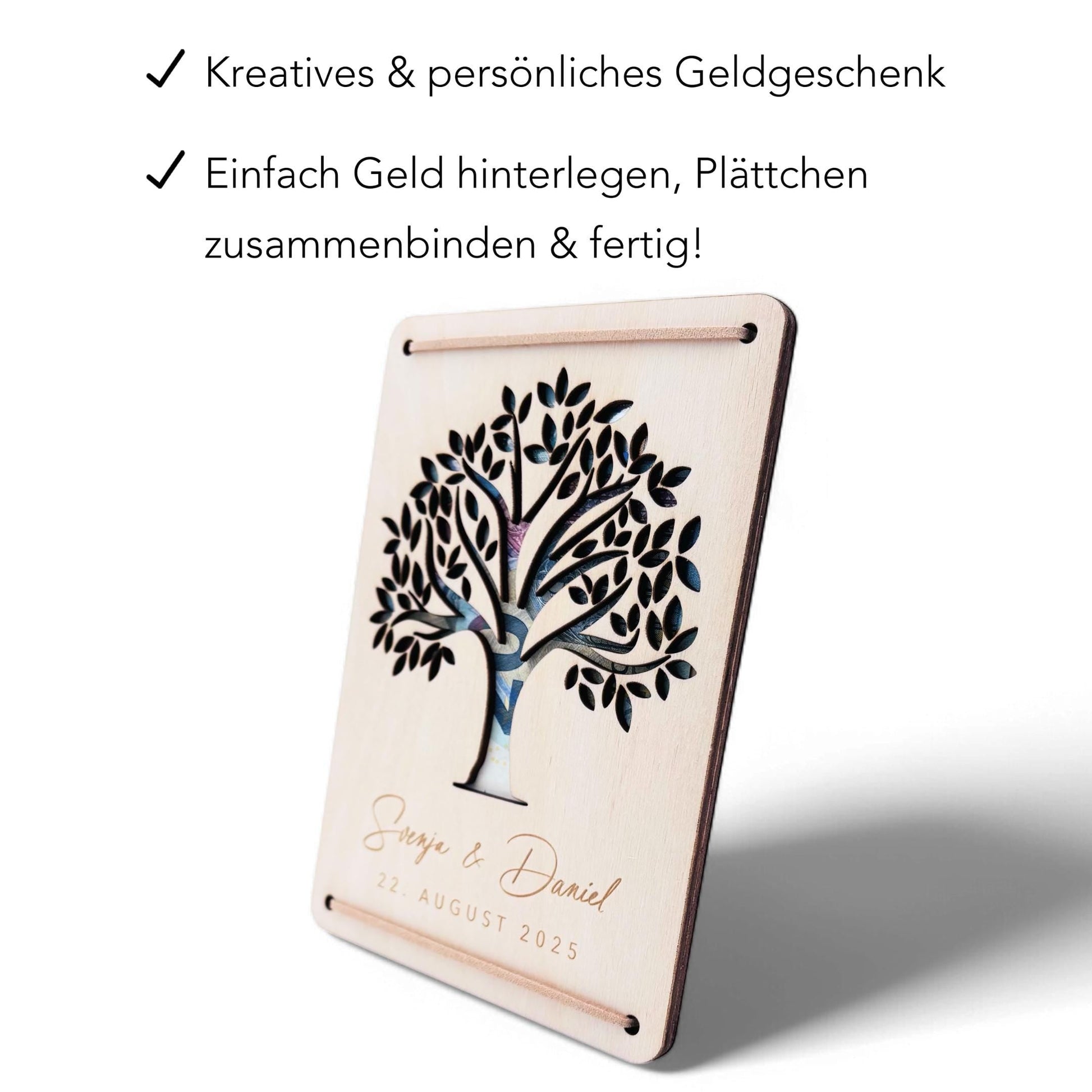 Geldbaum Hochzeit personalisiertes Geldgeschenk Hochzeit Hochzeitsgeschenk für Brautpaar Geld Geschenk Geschenkkarte aus Holz 12x17 cm
