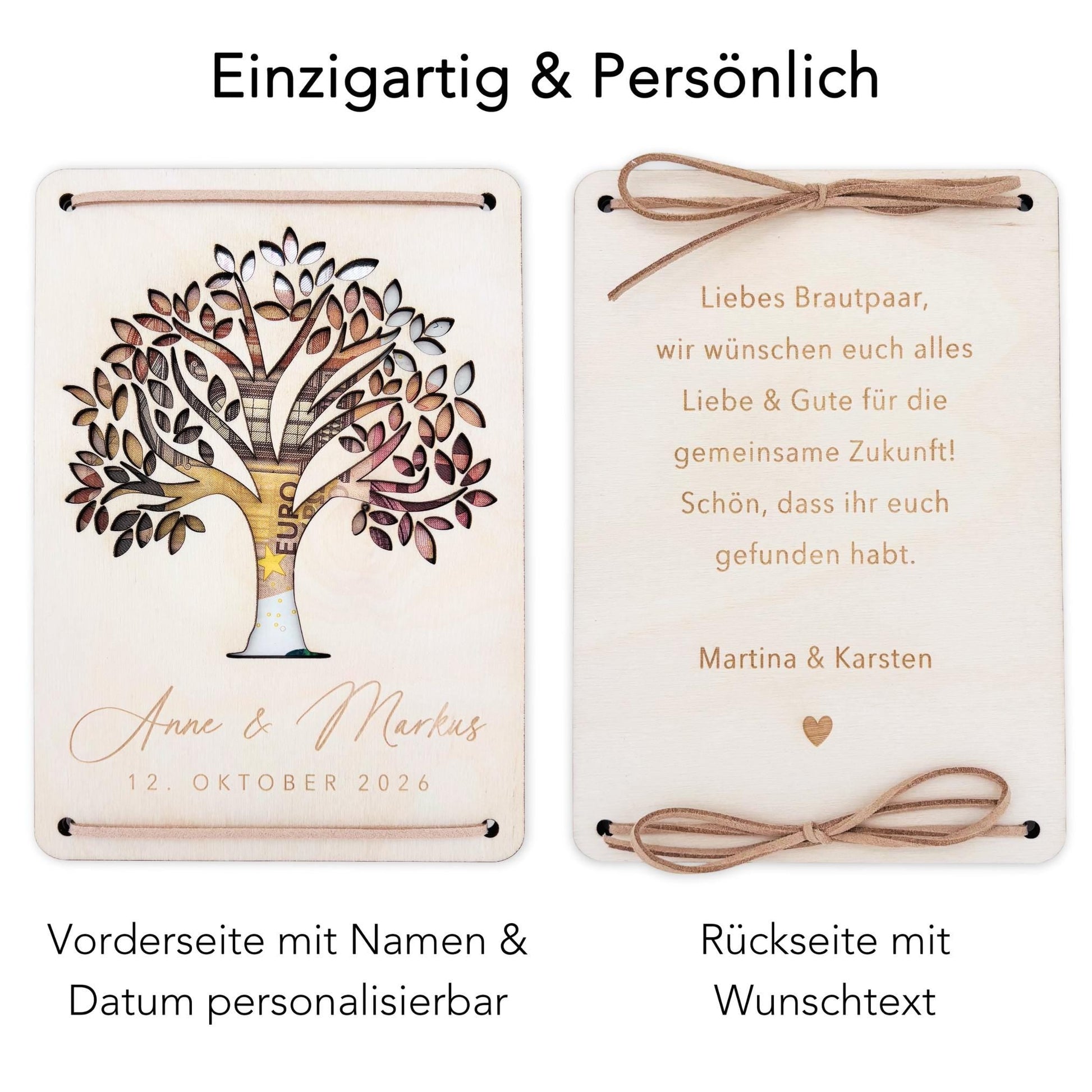Geldbaum Hochzeit personalisiertes Geldgeschenk Hochzeit Hochzeitsgeschenk für Brautpaar Geld Geschenk Geschenkkarte aus Holz 12x17 cm