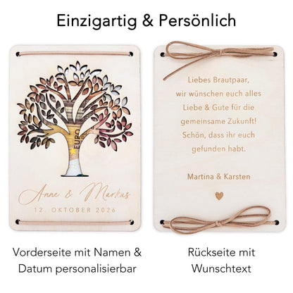 Geldbaum Hochzeit personalisiertes Geldgeschenk Hochzeit Hochzeitsgeschenk für Brautpaar Geld Geschenk Geschenkkarte aus Holz 12x17 cm
