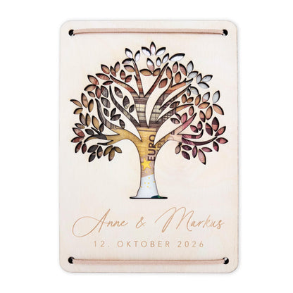 Geldbaum Hochzeit personalisiertes Geldgeschenk Hochzeit Hochzeitsgeschenk für Brautpaar Geld Geschenk Geschenkkarte aus Holz 12x17 cm