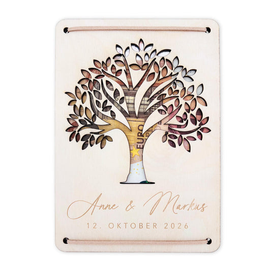 Geldbaum Hochzeit personalisiertes Geldgeschenk Hochzeit Hochzeitsgeschenk für Brautpaar Geld Geschenk Geschenkkarte aus Holz 12x17 cm