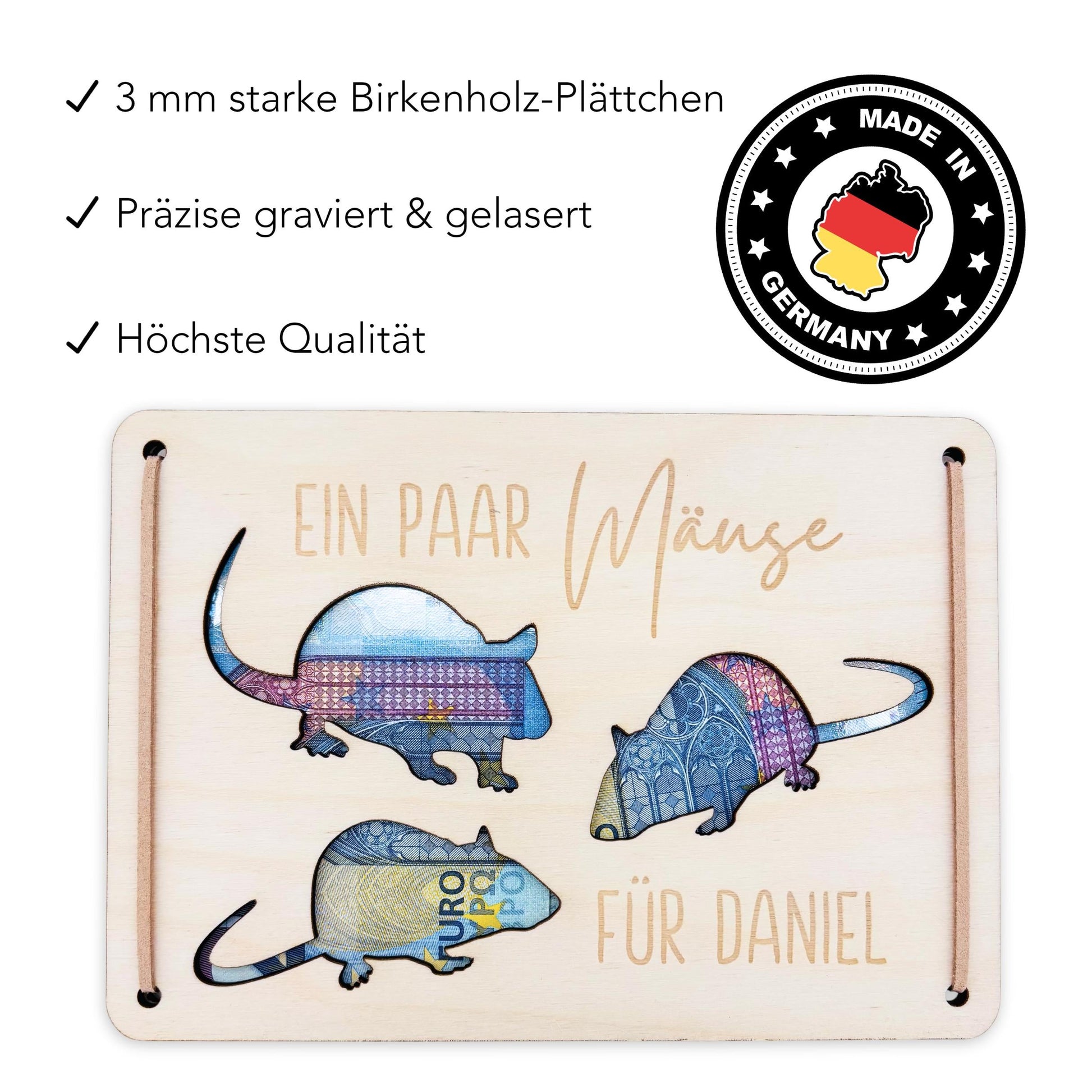 Ein paar Mäuse für dich Geldgeschenk Geburtstag personalisierte Geld Verpackung Geburtstagsgeschenk Geschenkkarte aus Holz 12x17 cm