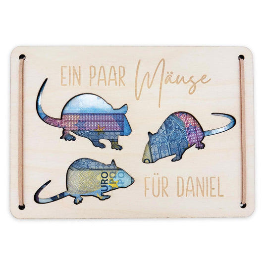 Ein paar Mäuse für dich Geldgeschenk Geburtstag personalisierte Geld Verpackung Geburtstagsgeschenk Geschenkkarte aus Holz 12x17 cm