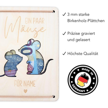 Geldgeschenk Geburtstag Ein paar Mäuse für dich personalisierte Geld Verpackung Geburtstagsgeschenk Geschenkkarte aus Holz 12x17 cm