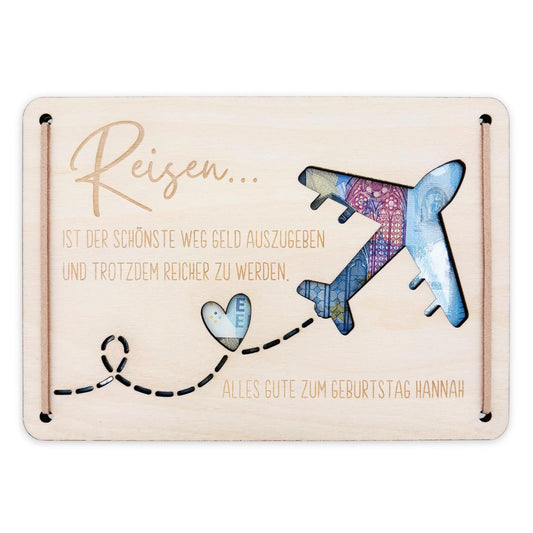 Geldgeschenk Reise Geschenk Reisegutschein Geburtstag personalisierte Geld Verpackung Urlaub Reisekasse Geschenkkarte aus Holz 12x17 cm