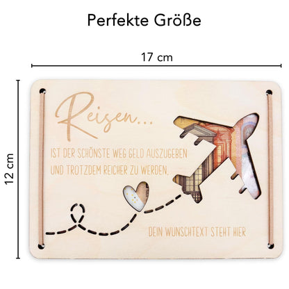 Geldgeschenk Reise Geschenk Reisegutschein Geburtstag personalisierte Geld Verpackung Urlaub Reisekasse Geschenkkarte aus Holz 12x17 cm
