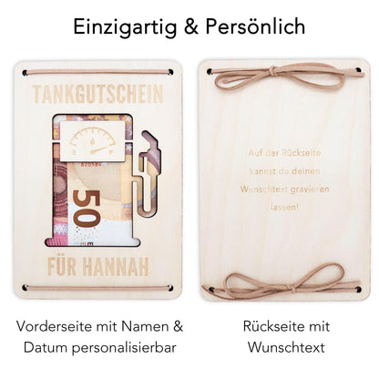 Tankgutschein Geschenk Geldgeschenk Tanken Geburtstag personalisierte Geld Verpackung Spritgeld Geschenkkarte Holz 12x17 cm