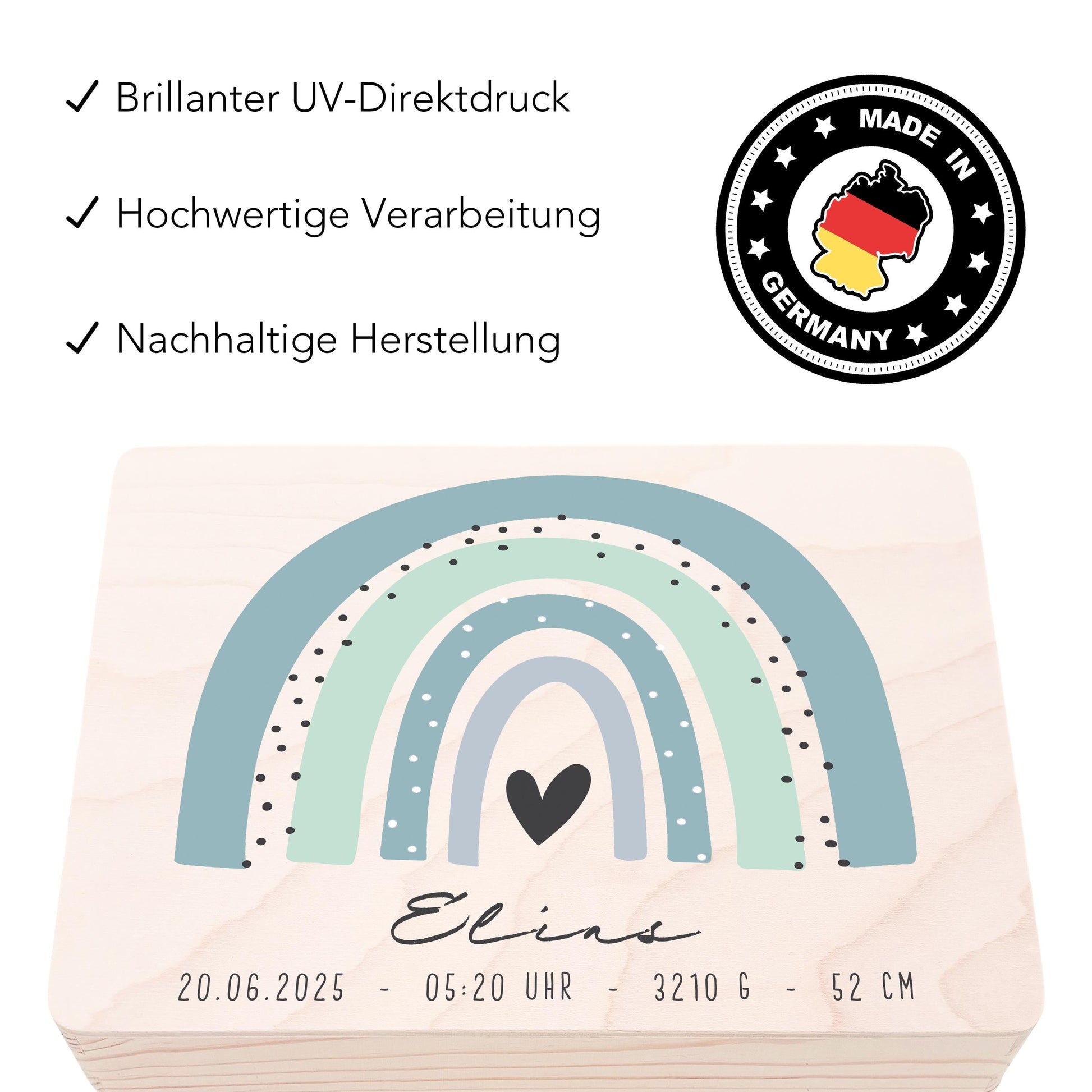 Erinnerungskiste Baby Regenbogen Holzkiste personalisierte Erinnerungsbox Junge Erinnerungsbox Geschenk Geburt Geburtsgeschenk 30x20x13 cm