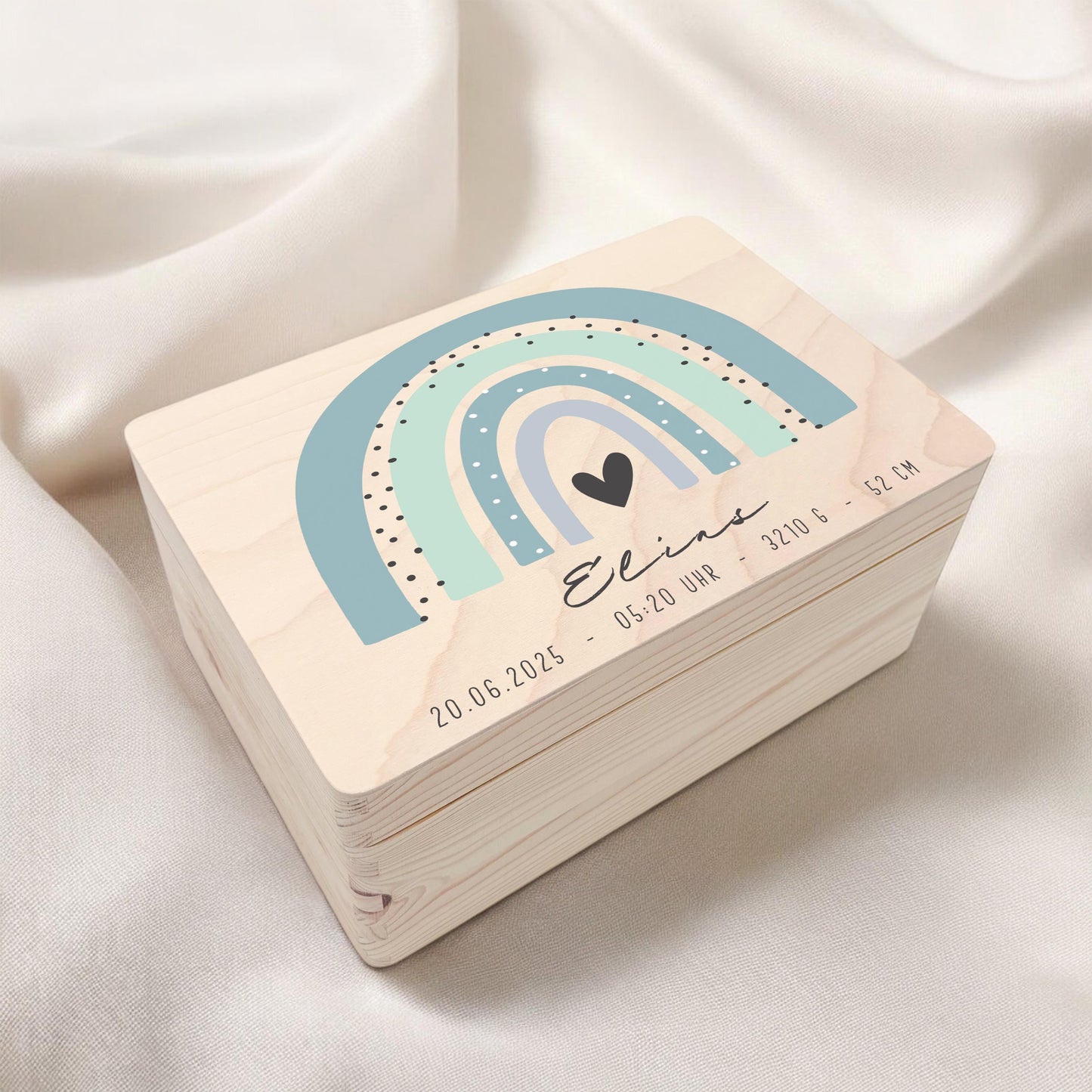 Erinnerungskiste Baby Regenbogen Holzkiste personalisierte Erinnerungsbox Junge Erinnerungsbox Geschenk Geburt Geburtsgeschenk 30x20x13 cm