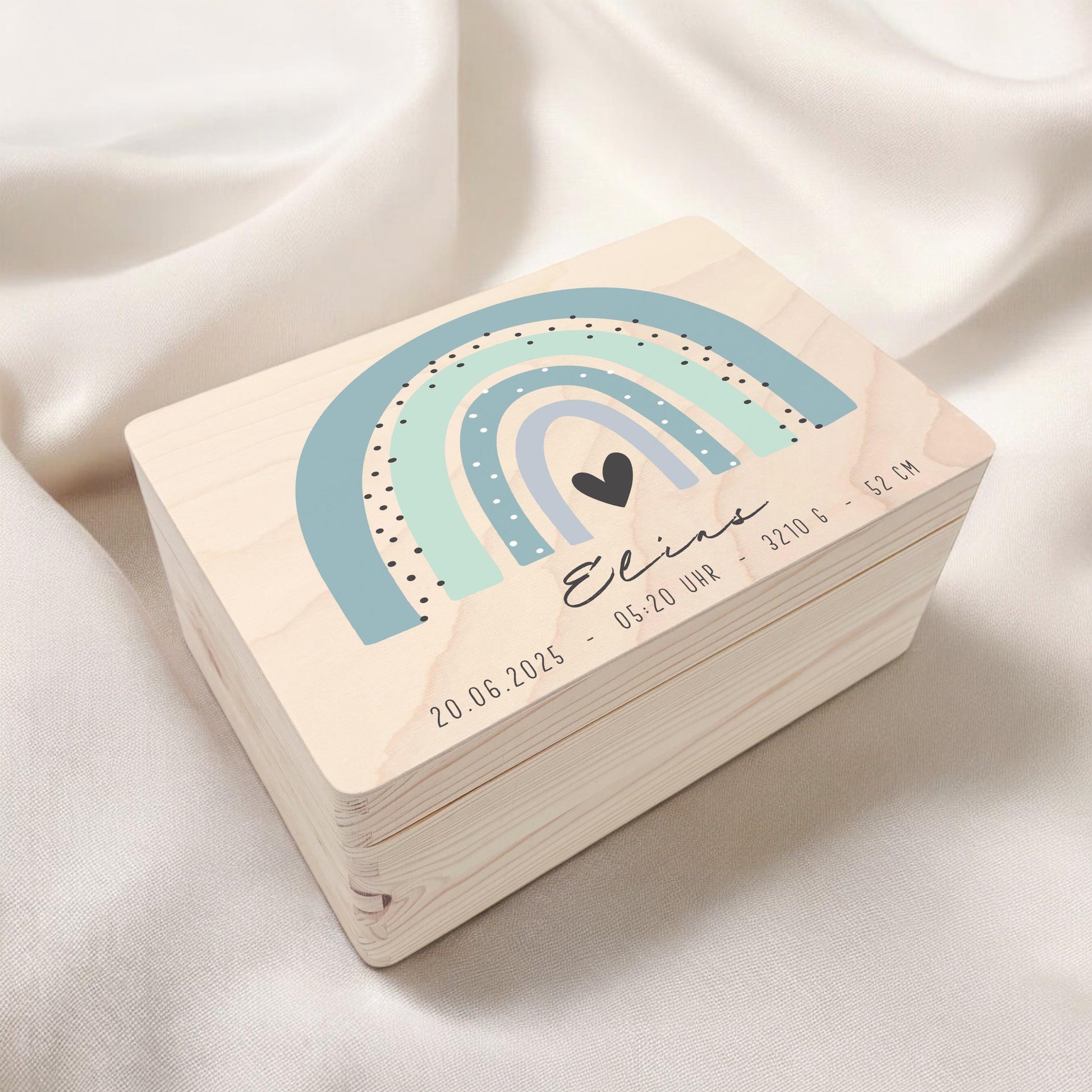 Erinnerungskiste Baby Regenbogen Holzkiste personalisierte Erinnerungsbox Junge Erinnerungsbox Geschenk Geburt Geburtsgeschenk 30x20x13 cm
