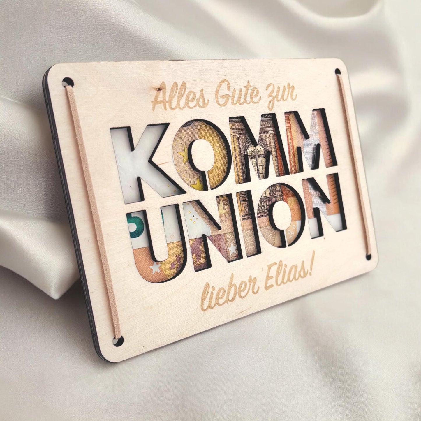 Geldgeschenk Kommunion Geschenk Junge Mädchen personalisierte Geld Verpackung Erstkommunion Geschenkkarte aus Holz 12x17 cm