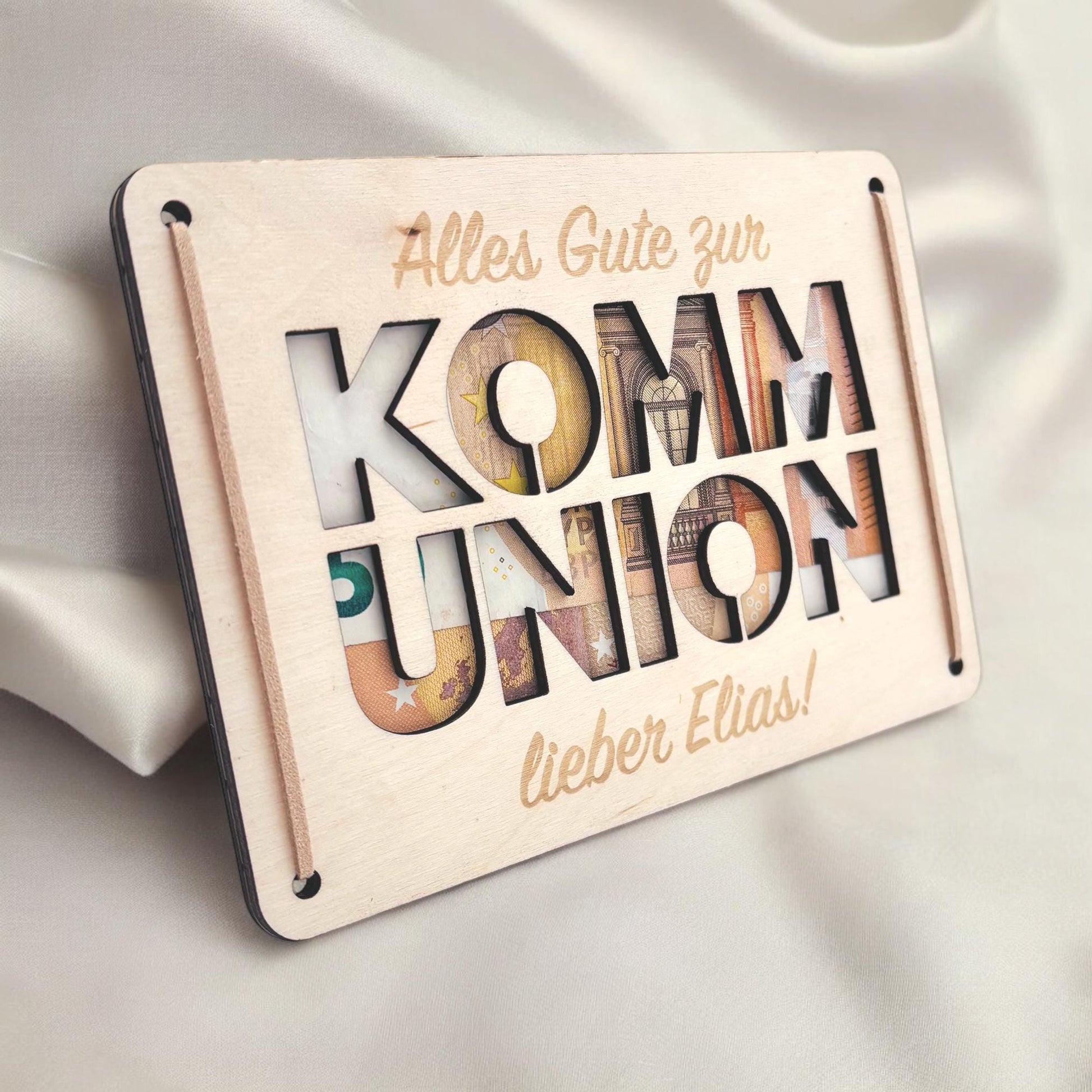 Geldgeschenk Kommunion Geschenk Junge Mädchen personalisierte Geld Verpackung Erstkommunion Geschenkkarte aus Holz 12x17 cm