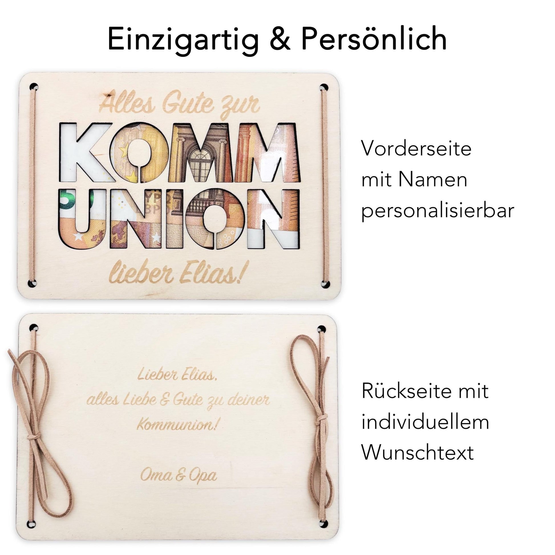Geldgeschenk Kommunion Geschenk Junge Mädchen personalisierte Geld Verpackung Erstkommunion Geschenkkarte aus Holz 12x17 cm