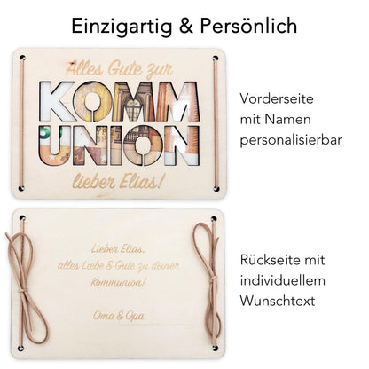 Geldgeschenk Kommunion Geschenk Junge Mädchen personalisierte Geld Verpackung Erstkommunion Geschenkkarte aus Holz 12x17 cm