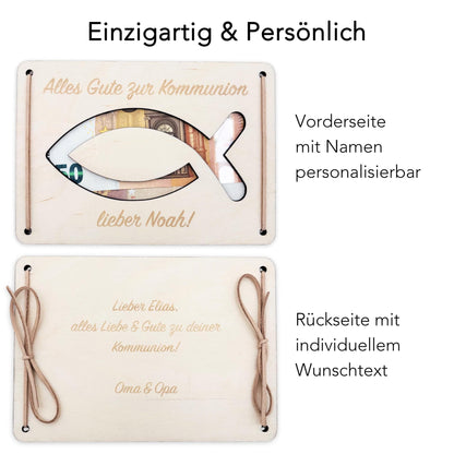 Geldgeschenk Kommunion Geschenk Junge Mädchen personalisierte Geld Verpackung Erstkommunion Geschenkkarte aus Holz 12x17 cm