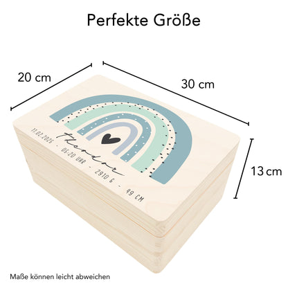 Erinnerungskiste Baby Regenbogen Holzkiste personalisierte Erinnerungsbox Junge Erinnerungsbox Geschenk Geburt Geburtsgeschenk 30x20x13 cm