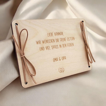 Geldgeschenk Ostern personalisiertes Ostergeschenk Kinder Geld Verpackung Osterkarte Geschenkkarte aus Holz 12x17 cm