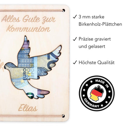 Kommunion Geldgeschenk personalisierte Geld Verpackung Erstkommunion Geschenk Junge Mädchen Geschenkkarte aus Holz 12x17 cm