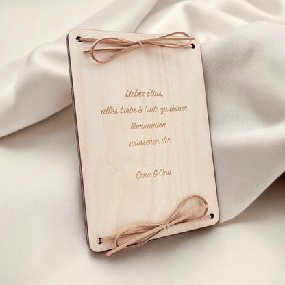 Kommunion Geldgeschenk personalisierte Geld Verpackung Erstkommunion Geschenk Junge Mädchen Geschenkkarte aus Holz 12x17 cm