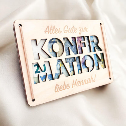 Konfirmation Geldgeschenk personalisierte Geld Verpackung Geschenk Konfirmationsgeschenk Fisch Geschenkkarte aus Holz 12x17 cm