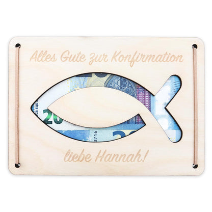 Konfirmation Geldgeschenk personalisierte Geld Verpackung Geschenk Konfirmationsgeschenk Fisch Geschenkkarte aus Holz 12x17 cm