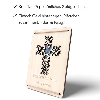 Taufkarte Taufgeschenk Geld Taufe personalisierte Geldgeschenk Verpackung Geschenk Kreuz Geschenkkarte aus Holz 12x17 cm