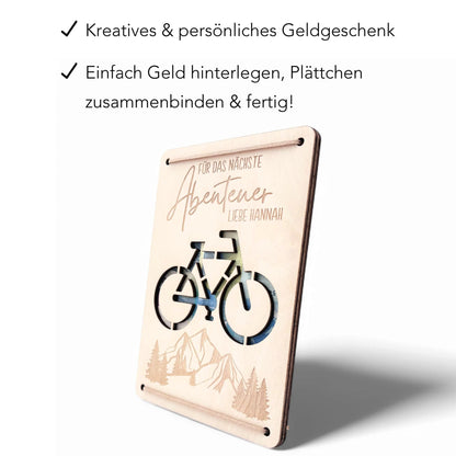Geldgeschenk Fahrrad Geburtstag Wunscherfüller personalisierte Geldkarte Geld Verpackung Geburtstagskarte Geschenkkarte aus Holz 12x17 cm