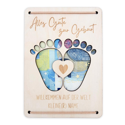 Geldgeschenk Geburt Baby personalisierte Geld Verpackung Geburtstagsgeschenk Jungen Mädchen Geschenkkarte aus Holz 12x17 cm