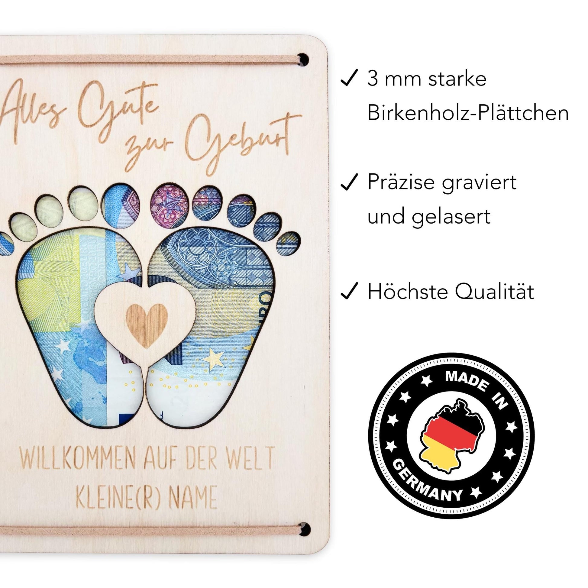 Geldgeschenk Geburt Baby personalisierte Geld Verpackung Geburtstagsgeschenk Jungen Mädchen Geschenkkarte aus Holz 12x17 cm
