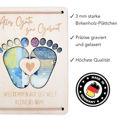 Geldgeschenk Geburt Baby personalisierte Geld Verpackung Geburtstagsgeschenk Jungen Mädchen Geschenkkarte aus Holz 12x17 cm