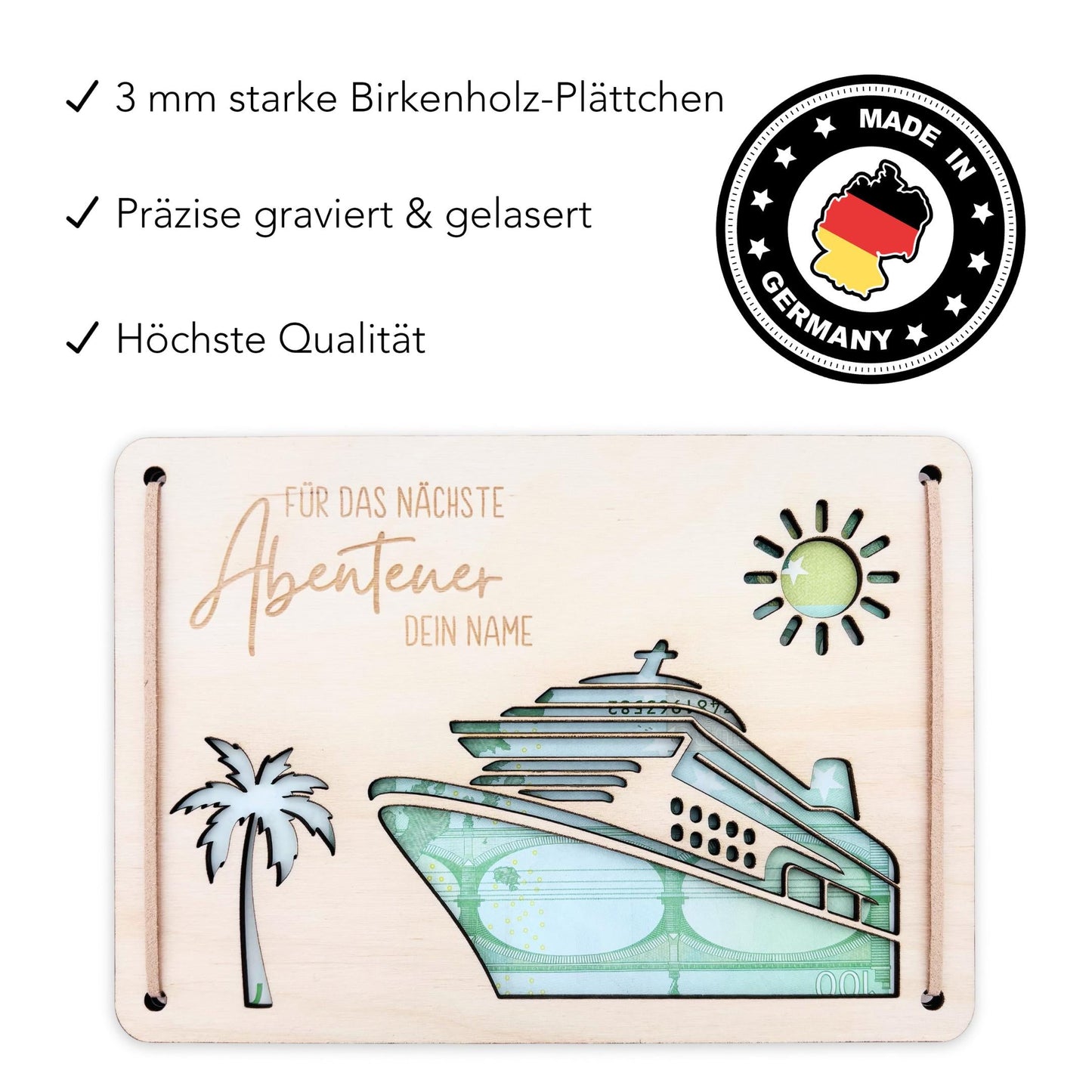 Kreuzfahrt Geldgeschenk Reise Schiffsreise personalisierte Geld Verpackung Urlaub Reisegutschein Reisekasse Geschenkkarte aus Holz 12x17