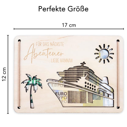 Kreuzfahrt Geldgeschenk Reise Schiffsreise personalisierte Geld Verpackung Urlaub Reisegutschein Reisekasse Geschenkkarte aus Holz 12x17