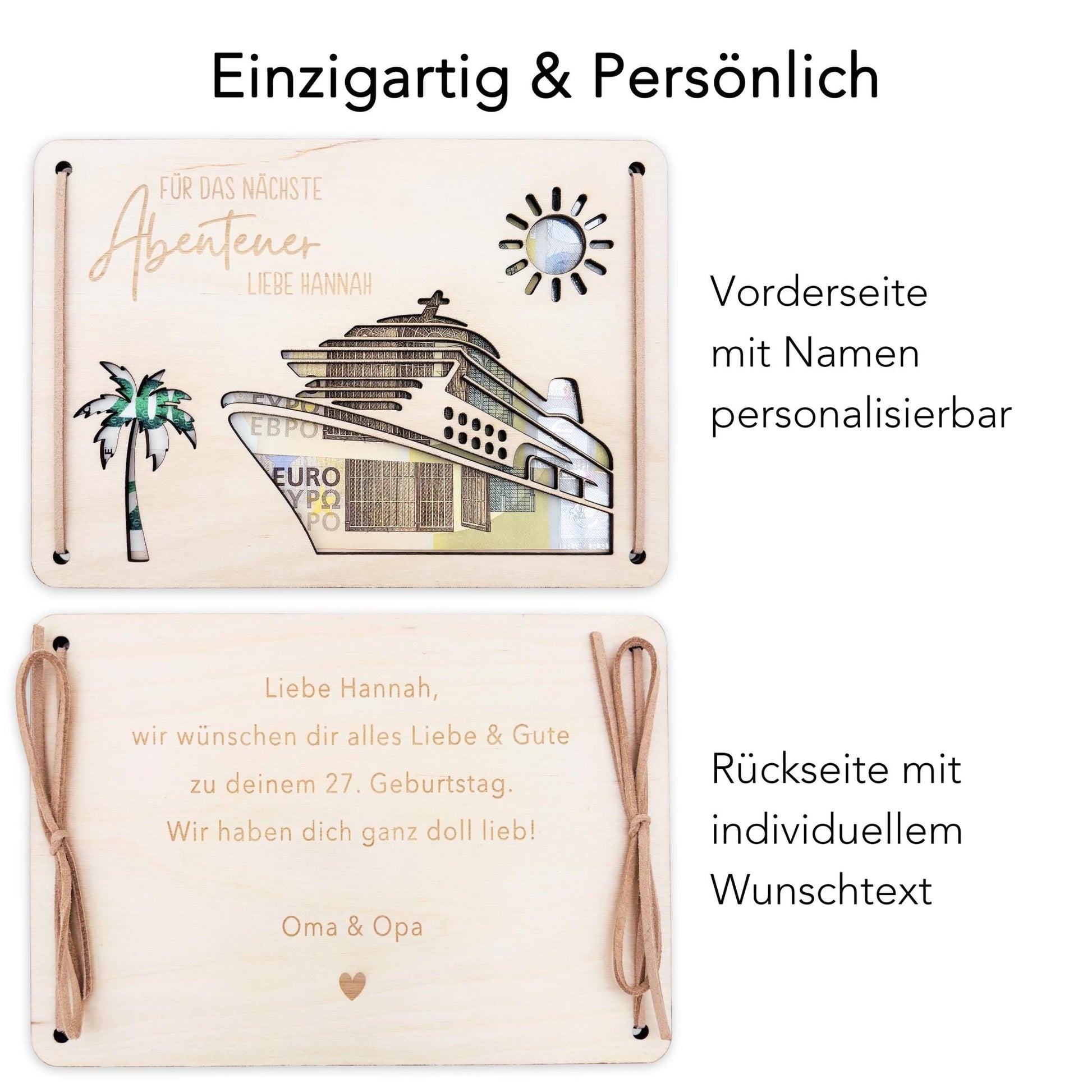 Kreuzfahrt Geldgeschenk Reise Schiffsreise personalisierte Geld Verpackung Urlaub Reisegutschein Reisekasse Geschenkkarte aus Holz 12x17