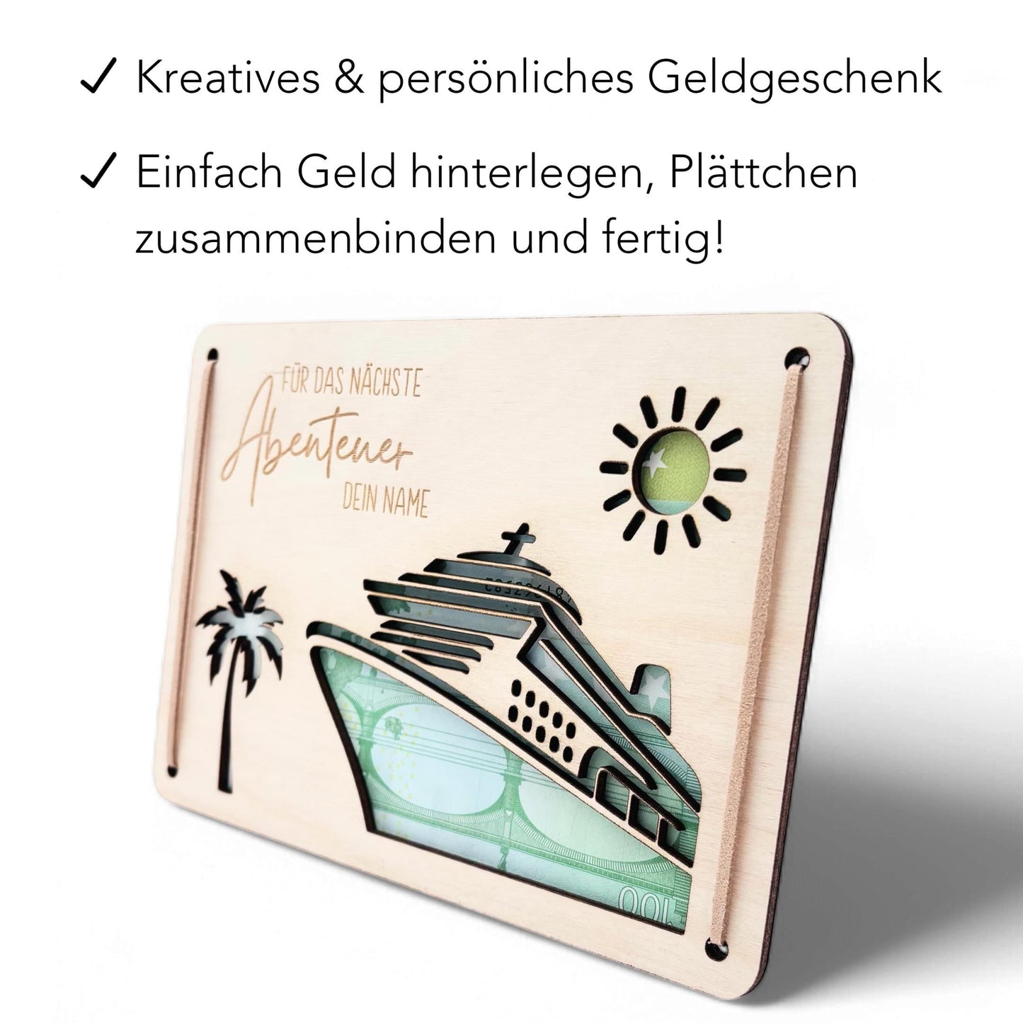 Kreuzfahrt Geldgeschenk Reise Schiffsreise personalisierte Geld Verpackung Urlaub Reisegutschein Reisekasse Geschenkkarte aus Holz 12x17